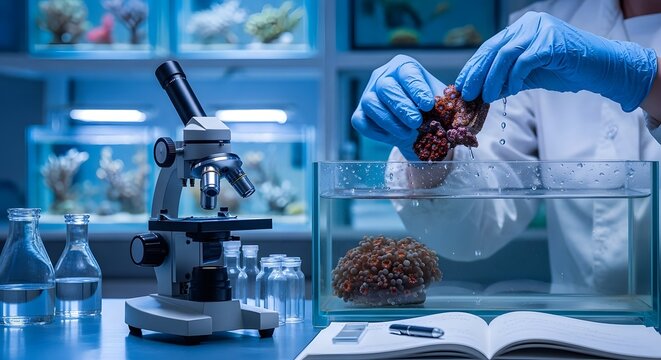 Marine Biology Scientist Study Coral Specimen