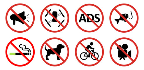 Red and black prohibition sign icons. featuring symbols for no loud noise, drones, ads, fishing, smoking, dogs, cycling, and recording, isolated on transparent vector