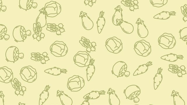 Cute yellow seamless vegetable pattern featuring doodle carrots, peas, and cabbages. Perfect for eco-friendly product designs and backgrounds.