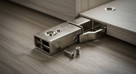 Close up of a metal hinge and screws on wooden furniture for design