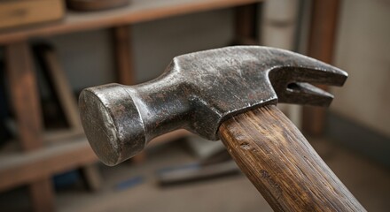Close up of a metal hammer with a wooden handle workshop background
