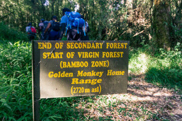 A group of hikers walking past a signboard at Mount Gahinga in the Mgahinga Gorilla National Park in Uganda