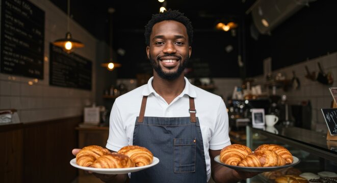 Friendly barista offering freshly baked croissants in cozy coffee shop setting