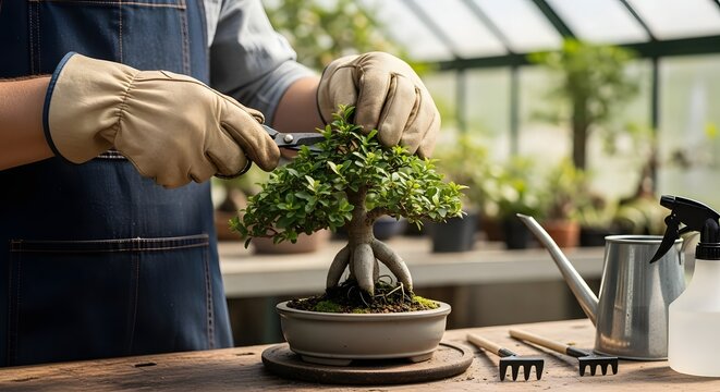 Gardener Hand Trim Bonsai Tree With Scissor In Garden Greenhouse