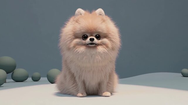 Chien pom&eacute;ranien 3D au pelage duveteux assis dans d&eacute;cor pastel