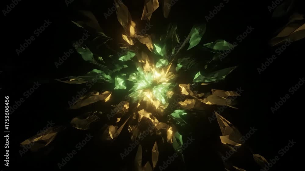 Wall mural continuously looping abstract animation of glowing green and gold geometric shards slowly expanding 