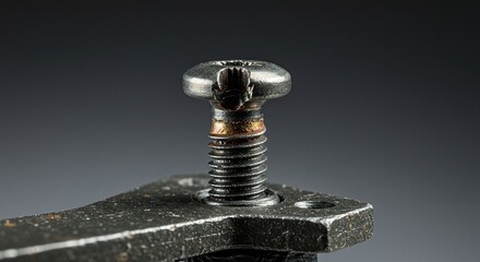 Close up of a metal screw and component on a gray background