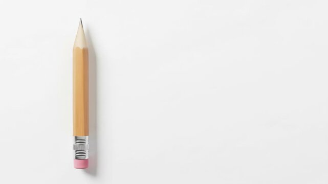 A sharp wood pencil with a pink eraser stands upright on a bright white background, casting a subtle shadow