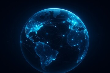 Global network and worldwide communication concept showing a glowing blue Earth with interconnected lines and nodes representing the internet and data transfer.