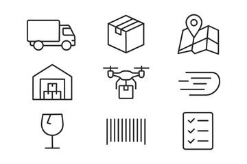 Fototapeta premium Line icons of logistics: delivery, drone, barcode, and shipping elements