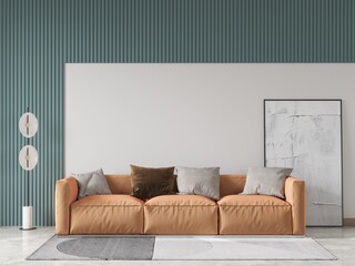 Stylish living room with a tan sofa against a green fluted wall. Abstract art, a modern floor lamp, and a geometric rug create a chic, minimalist interior, 3D rendering.