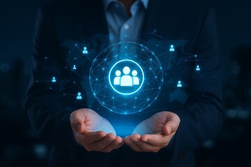 Global community and customer network, professional holding holographic people sphere with world map and connected nodes