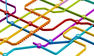 Subway map consisting of colorful crossing lines on transparent background. 3D illustration