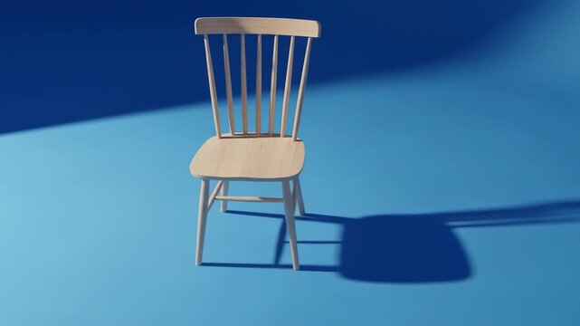 A light wood spindle-back chair casts harsh shadows on a vibrant blue gradient background, centered and minimalist