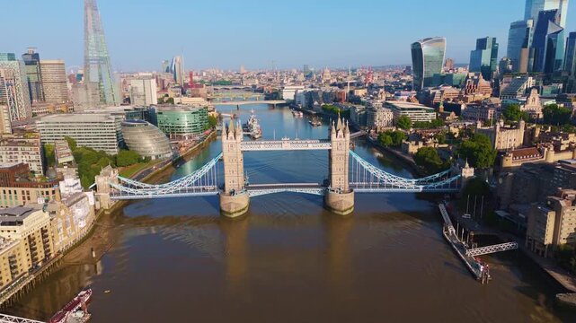 London Cityscape Aerial Pullback Reveal Flythrough of Skyline and Tower Bridge