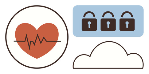 Minimal design with heart and ECG line, three padlocks in a row, and a cloud icon. Ideal for healthcare, cybersecurity, data privacy, cloud storage, health technology, network protection