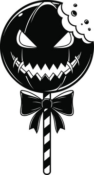 Spooky halloween pumpkin face lollipop with a bite mark and a bow on a striped stick