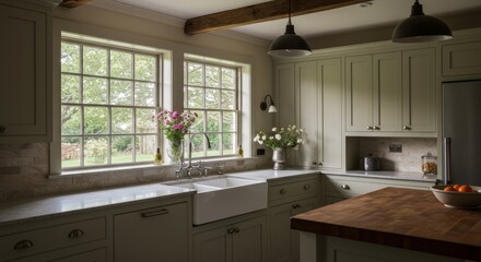 Fototapeta premium Modern rustic kitchen with large windows and wooden features