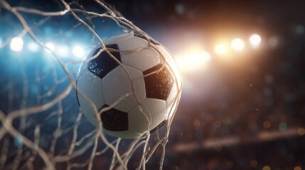 During a crowded soccer match at a vibrant stadium a black and white ball strikes the net signaling a goal. Fans cheer excitedly under bright lights.