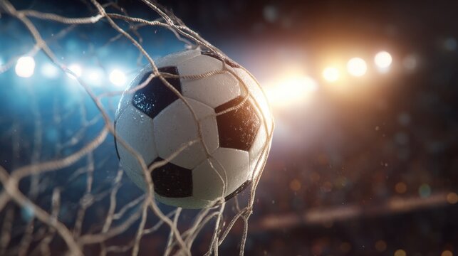 During a crowded soccer match at a vibrant stadium a black and white ball strikes the net signaling a goal. Fans cheer excitedly under bright lights.