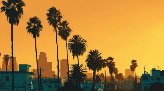 A stunning sunset paints the sky orange as palm trees line the foreground. The Los Angeles skyline creates a beautiful silhouette showcasing the citys beauty at dusk. - Powered by Adobe