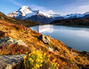 A serene alpine lake reflects the snow-capped mountain peaks under a bright, clear sky, with colorful foliage