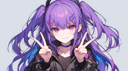Anime style girl Zipper jacket and two finger pose ready for photo