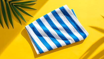 A striped, folded cloth, likely a towel, lies on a bright yellow surface. Green palm leaves cast shadows