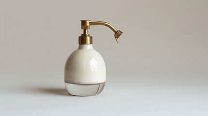 Obraz premium A white and clear glass bottle with a gold sprayer nozzle on a white surface in a studio setting
