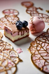 A close-up of a delicious chocolate dessert with blueberries on a decorated plate