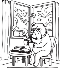 A Relaxed Bulldog Morning with holding Coffee and Smoke in your room outline line art drawing vector illustration. 