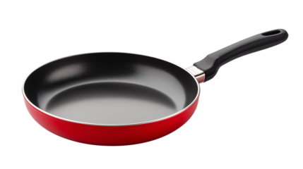 A black and outer red Teflon frying pan with a sleek handle, isolated on a white or transparent png background, representing modern cookware and nonstick cooking.