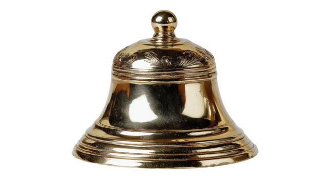 Gold metal bell for hotel services isolated on white background or transparent png, shiny reception desk call bell with classic design.