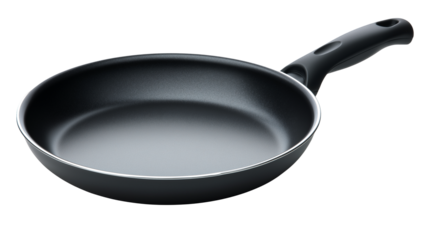 A black Teflon frying pan with a sleek handle, isolated on a white or transparent png background, representing modern cookware and nonstick cooking.