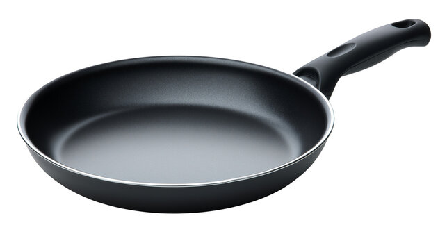 A black Teflon frying pan with a sleek handle, isolated on a white or transparent png background, representing modern cookware and nonstick cooking. - Powered by Adobe