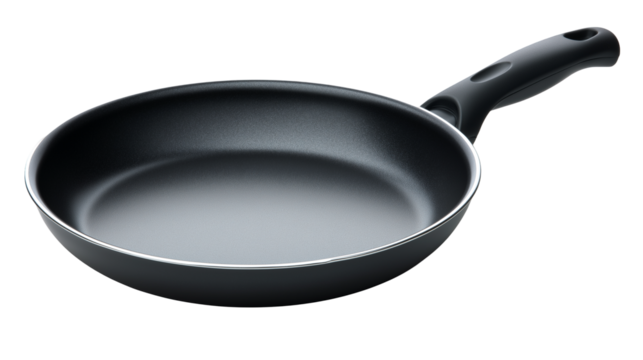 A black Teflon frying pan with a sleek handle, isolated on a white or transparent png background, representing modern cookware and nonstick cooking.
