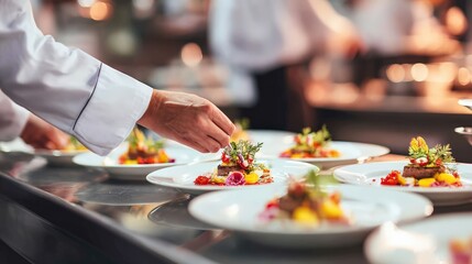 Chef adding final touch to gourmet dishes in professional kitchen setting