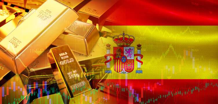 Gold bars stacked on Spanish flag. Spain gold reserves, Concept