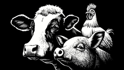 Striking black and white illustration of a cow, pig, and chicken. Detailed livestock farm animals portrait on a dark background.