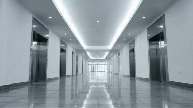 Modern office corridor with elevators and bright lighting  