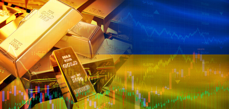 Gold bars stacked on Ukrainian flag. Ukraine gold reserves, Concept - Powered by Adobe