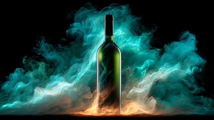 Magical Glowing Wine Bottle Surrounded By Vibrant Mist In Shades Of Blue And Green