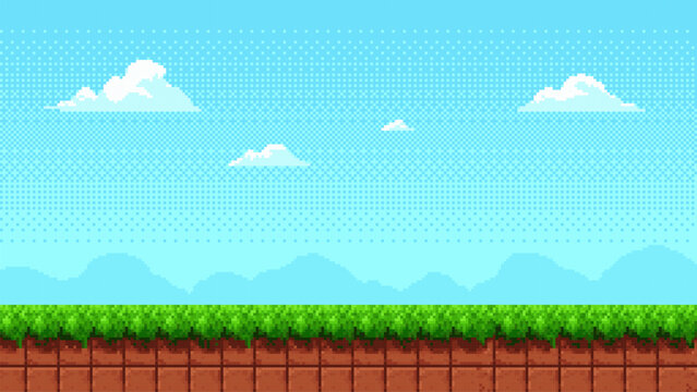 Pixel art game level vector seamlessly looping background with blue sky, clouds, green grass, and brown earth for arcade video game design.