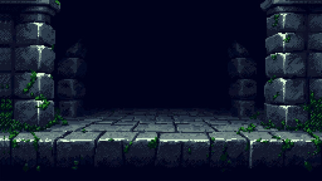 Dark pixel art game level vector showing dungeon gate entrance. Retro 8 bit style cave or ancient stone temple for video game background.