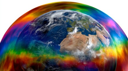 Earth Surrounded by a Vibrant Rainbow-Colored Shield Symbolizing Ozone Protection and Sustainability in Space