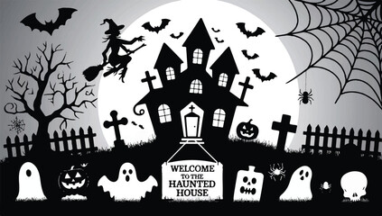 Halloween old cemetery silhouette, abandoned graveyard in Halloween night, vector scene background. Silhouette Halloween. Scary spooky cemetery with graves, gravestones and tombstones with bats.