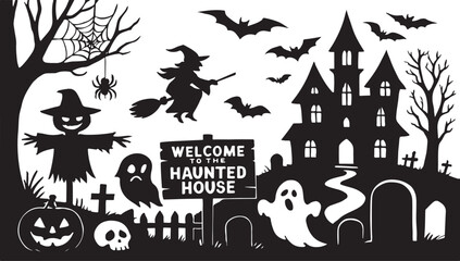 Halloween old cemetery silhouette, abandoned graveyard in Halloween night, vector scene background. Silhouette Halloween. Scary spooky cemetery with graves, gravestones and tombstones with bats.