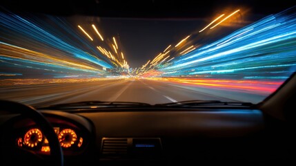 Obraz premium Bright city lights create dynamic trails as a car moves through the urban landscape at night capturing the excitement of a speedy journey.