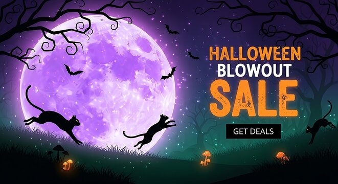 Halloween blowout sale ad with spooky black cats, bats, and full moon night for seasonal promotions