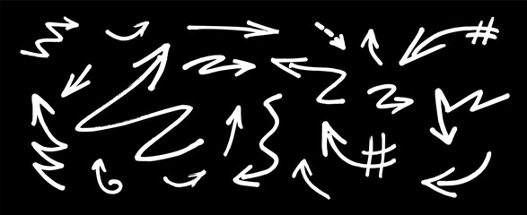 Graffiti arrow set in vector style white strokes made with ink or chalk, paintbrush, crayon and charcoal. Bold comic drawing collection of comic drawing elements for street graffity collage